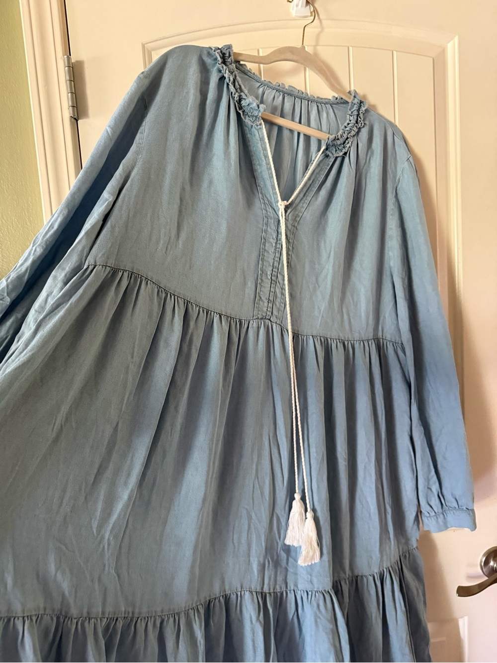 Light Blue Tiered Long Sleeve Maxi Dress with POCKETS 100% cottton - Picture 2 of 9